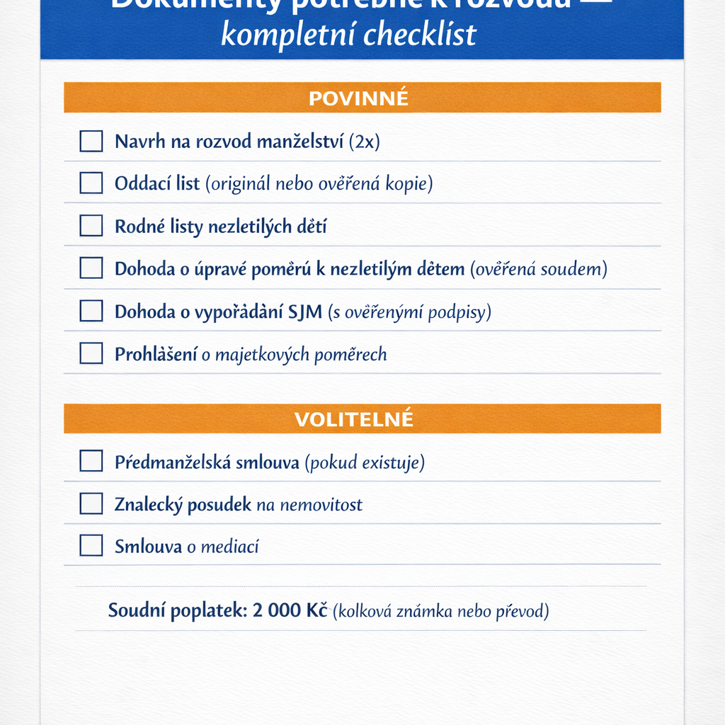 Checklist dokumentů potřebných k rozvodu: návrh na rozvod, oddací list, rodné listy dětí, dohoda o dětech, dohoda o majetku