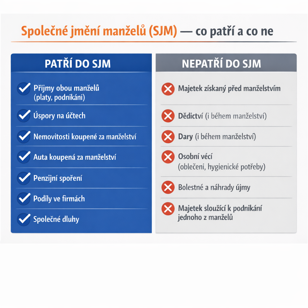 Diagram společného jmění manželů — co patří do SJM a co je vyloučeno