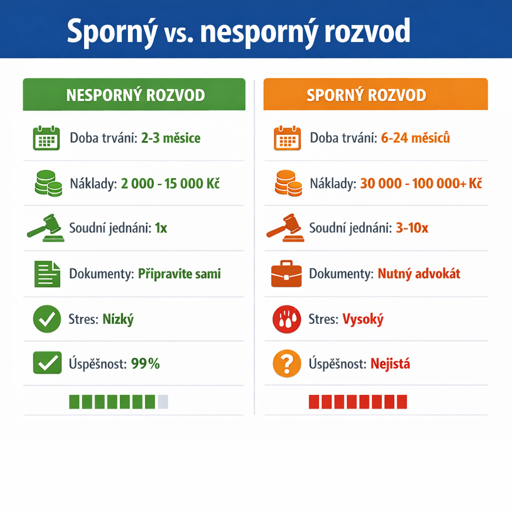 Srovnání sporného a nesporného rozvodu — doba trvání, náklady, dokumenty a míra stresu
